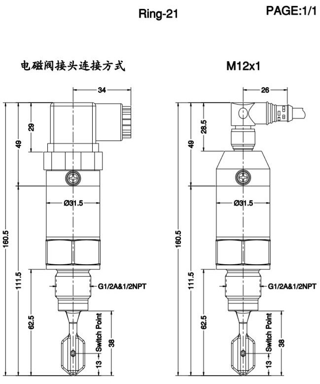 Ring-21緊湊型音叉液位開(kāi)關(guān)產(chǎn)品尺寸圖（標(biāo)準(zhǔn)）